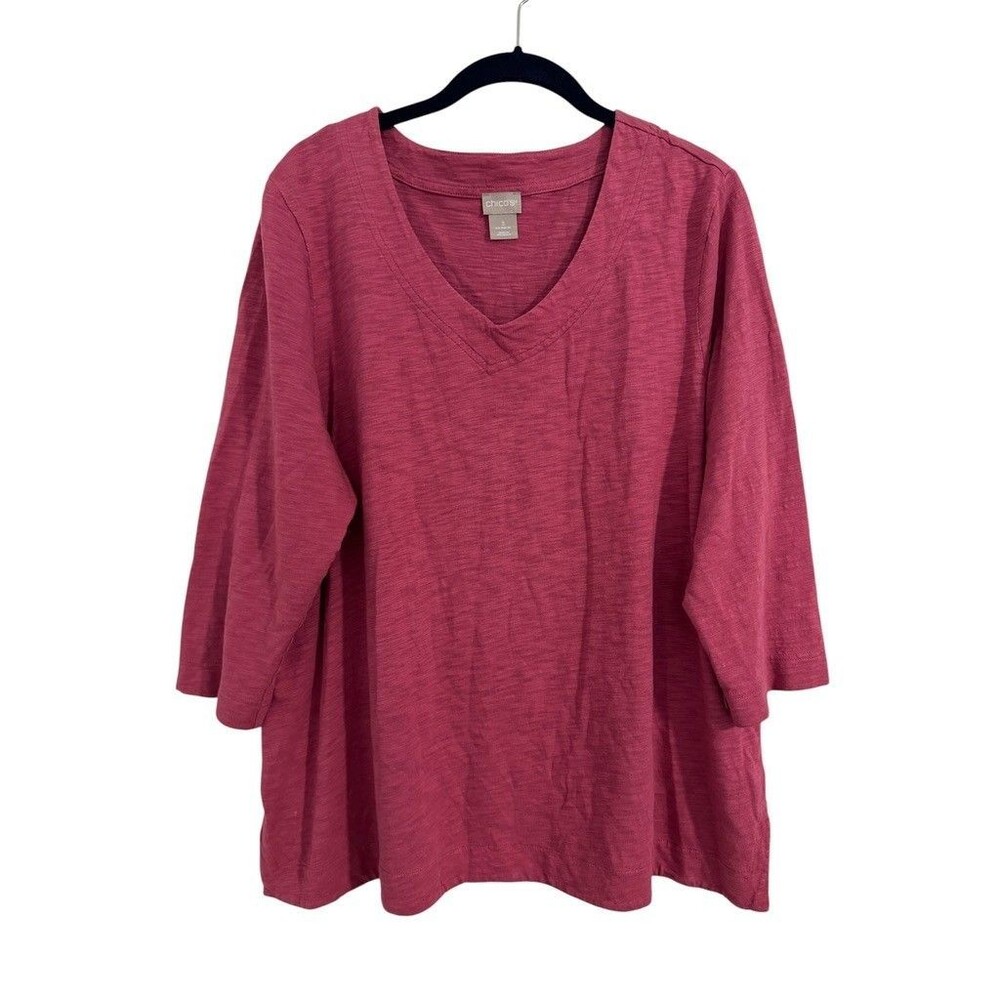 Chico's Top Women Size XL (3) Pink V Neck 3/4 Sleeve Cotton Modal Tunic